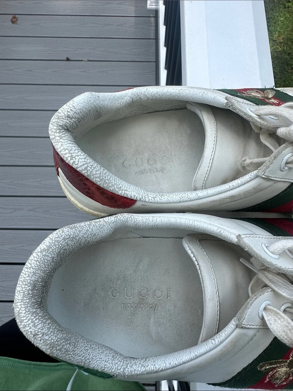 Gucci White Leather Sneakers with Red & Green Stripe and Metallic Heel Accents